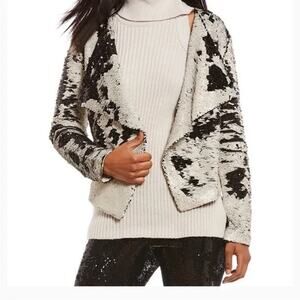 Cupcakes & Cashmere Moto Sequin Jacket Size M Cream Black Reversible Detail